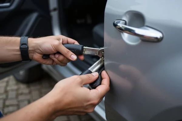 Automotive locksmith opening locked car door using professional tools