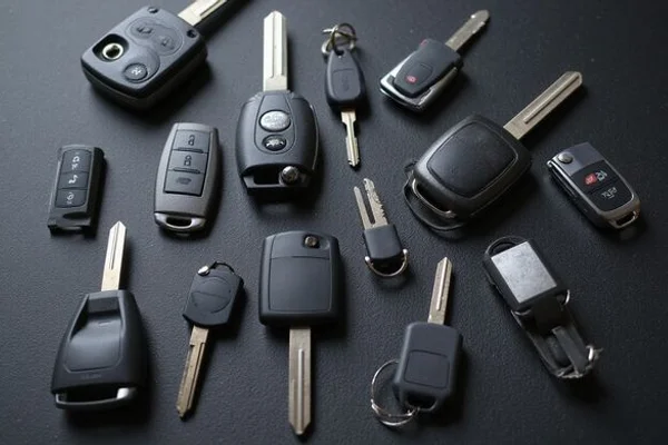 Close up of various car key types including flip key and transponder key