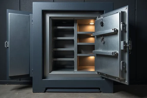 Interior of opened safe showing shelves and secure compartments