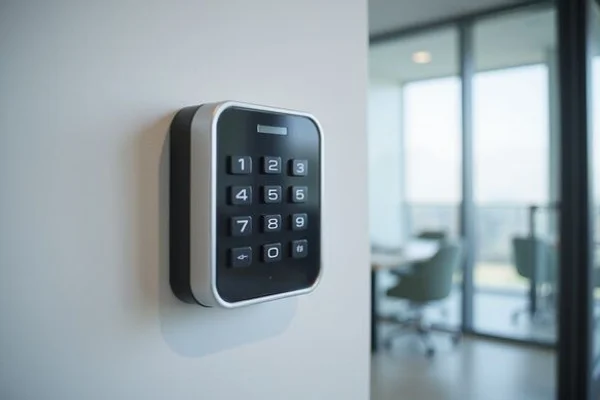 Keypad access control system mounted on wall next to commercial door