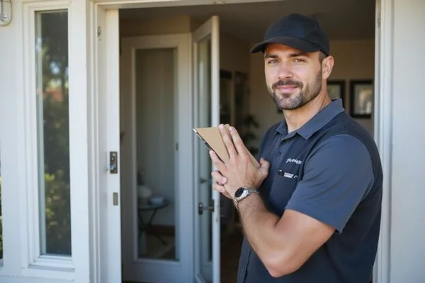 Locksmith conducting security assessment of residential property