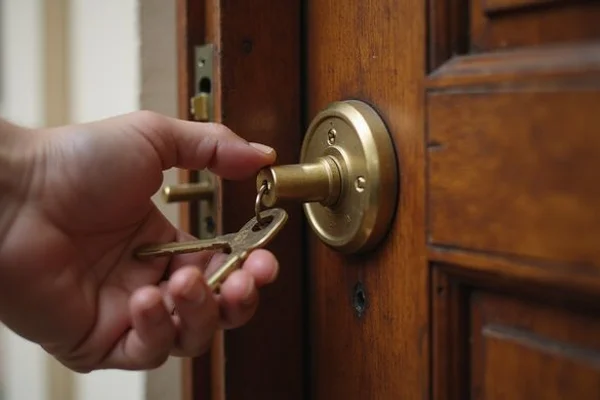 Locksmith hands testing newly duplicated key in residential lock