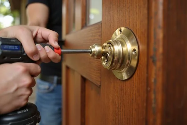 Locksmith installing new deadbolt lock on residential door