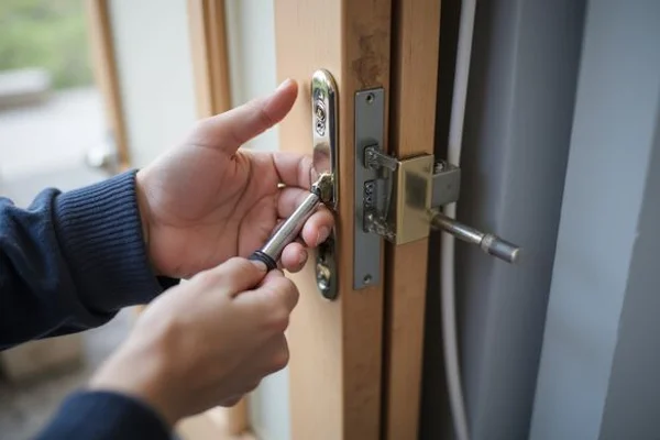 Locksmith technician installing Wi-Fi enabled smart lock