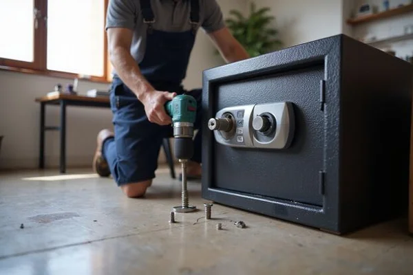 New fireproof safe being installed and bolted to floor