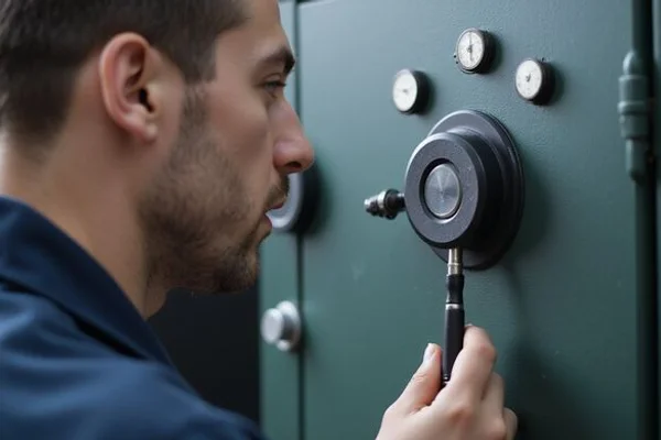 Technician using stethoscope tool to crack combination safe