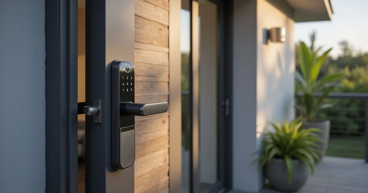 Modern smart lock with keypad installed on front door in Umhlanga