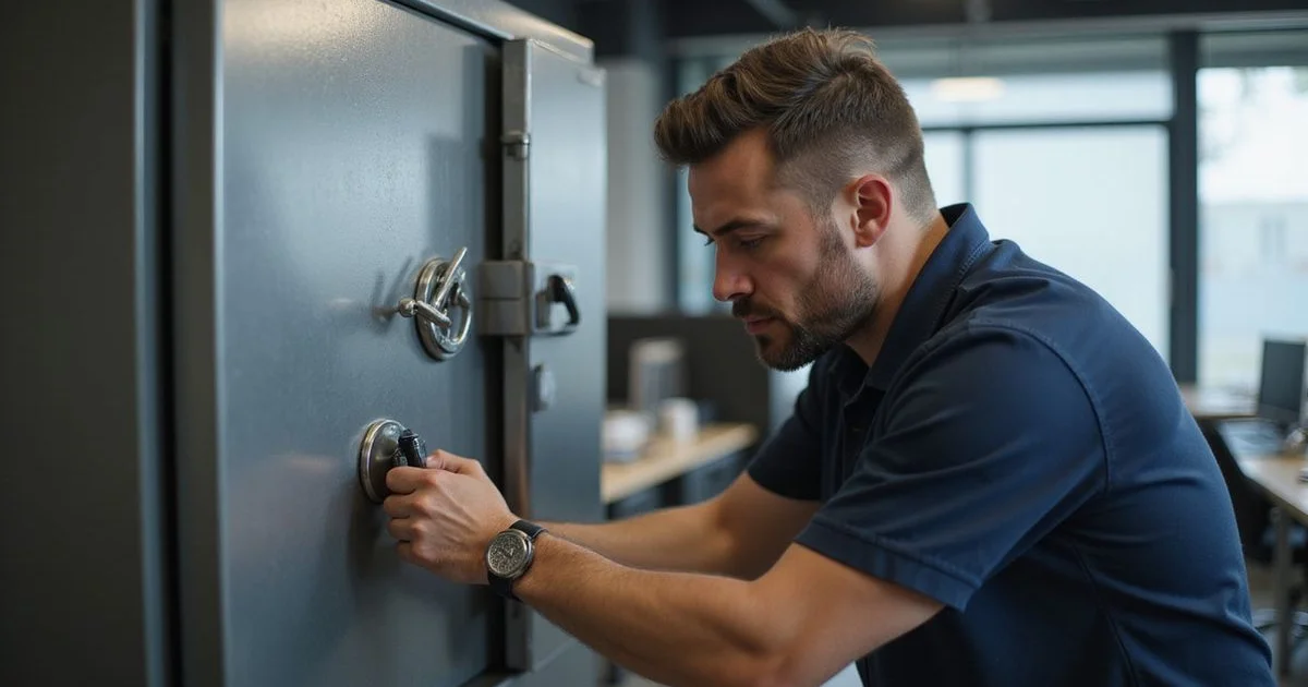 Professional locksmith technician opening a large safe